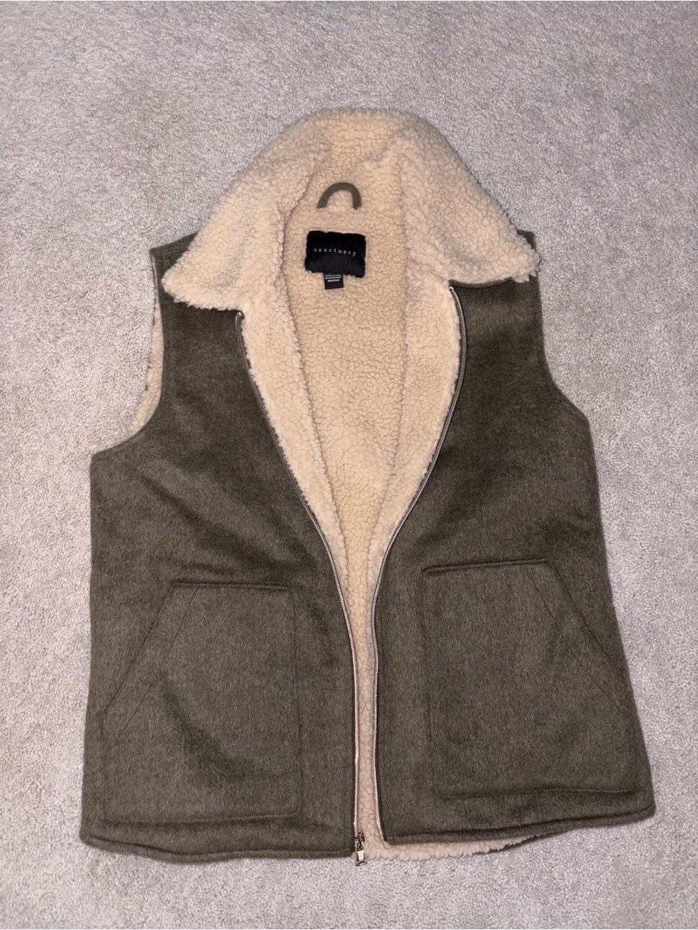 Sanctuary Teddy Fleece (Sherpa) Lined Wool Blend Vest// Medium //Olive // EUC